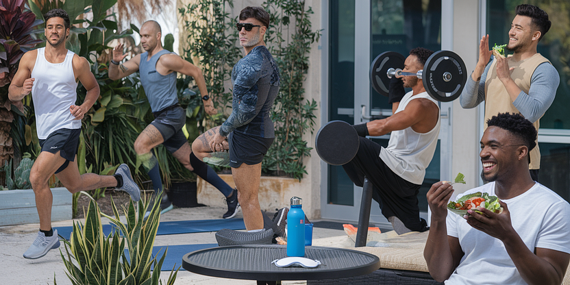 Illustration of men's health checklist covering vitamins, workouts, and diet for 2025